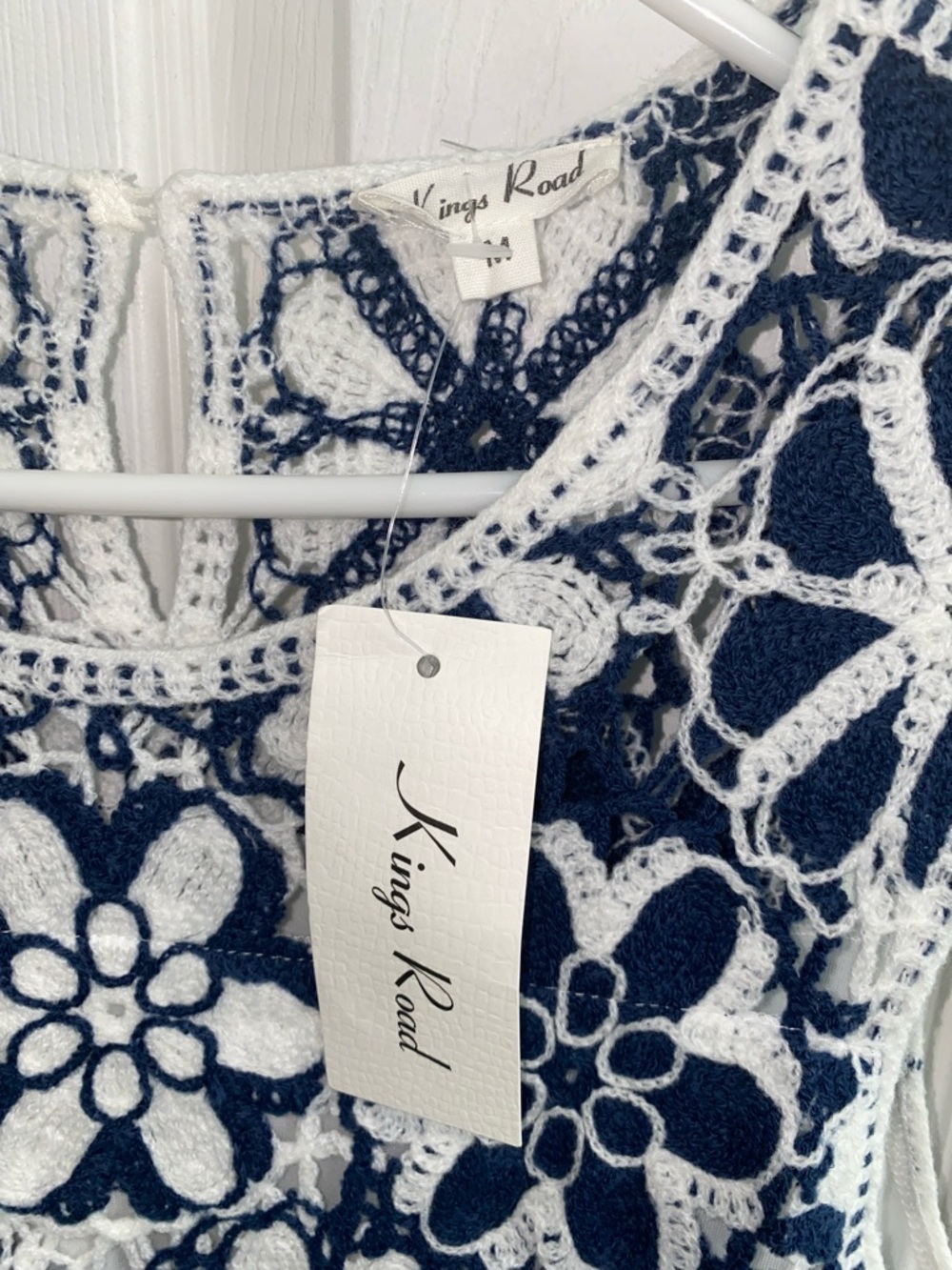 White Maxi Dress with Navy Floral Crochet Bodice - Picture 5 of 7